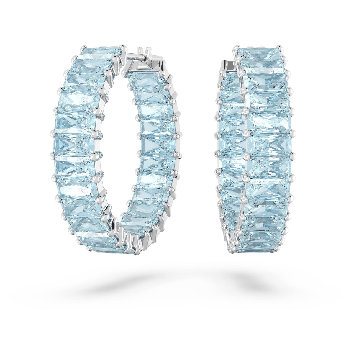 Swarovski Matrix Hoop Earrings with Princess Cut Blue Crystals on Rhodium Finished Setting, Part of the Swarovski Matrix Collection