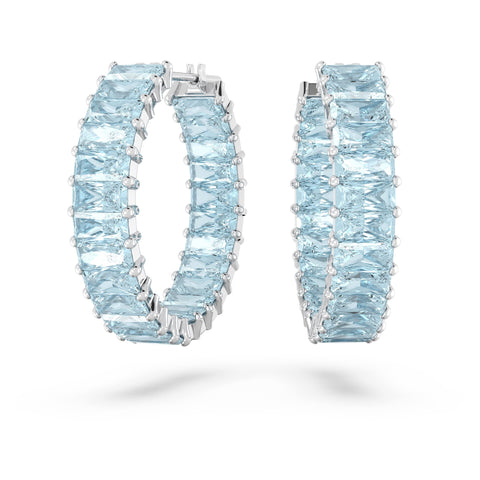 Swarovski Matrix Hoop Earrings with Princess Cut Blue Crystals on Rhodium Finished Setting, Part of the Swarovski Matrix Collection