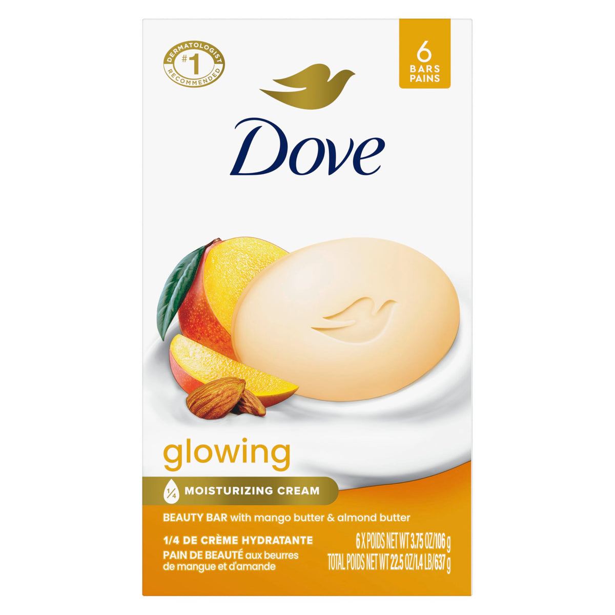 Dove Beauty Bar Soap Glowing Mango & Almond Butters, 6 Bars for Radiant Skin, Illuminates Skin 3.75 oz