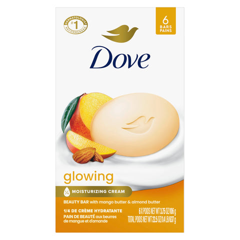 Dove Beauty Bar Soap Glowing Mango & Almond Butters, 6 Bars for Radiant Skin, Illuminates Skin 3.75 oz