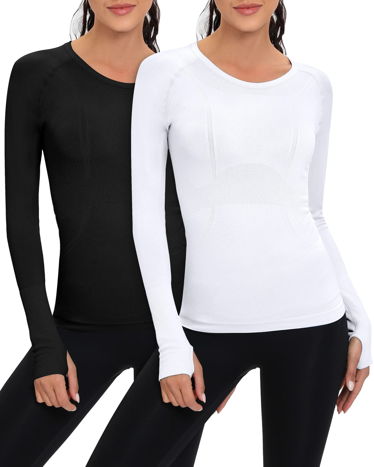2 Pieces Women Long Sleeve Workout Shirt Seamless Workout Shirts with Thumb Holes Fitted Top Sports Yoga Athletic Shirt Top (White, Black, Large)