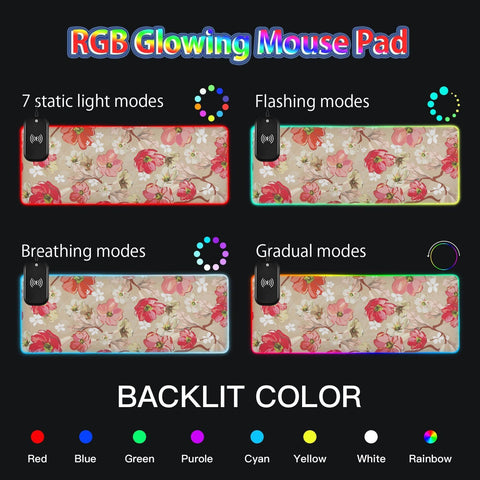 Flower Florals Wireless Charging Mouse Pad for Mobile Phone Extra Large Gaming Mousepad with 13 Lighting Modes Mouse Mat for MacBook PC Laptop Desk Office Home Gaming