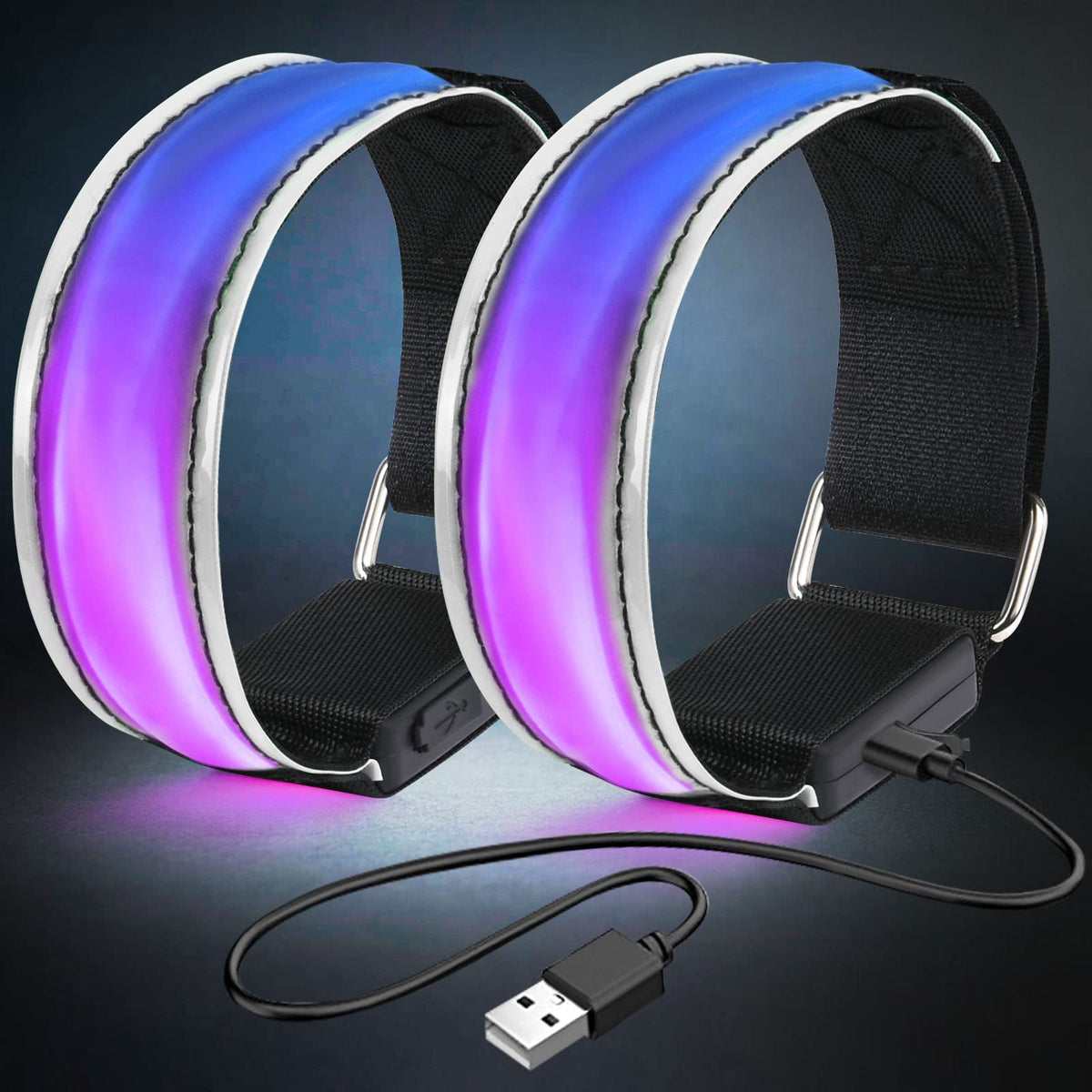 Rechargeable LED Armband 2 Packs Flashing Reflective Running Lights Safety Sport Armband USB Rechargeable Unisex for Night Running, Jogging, Outdoor Sports, Climing