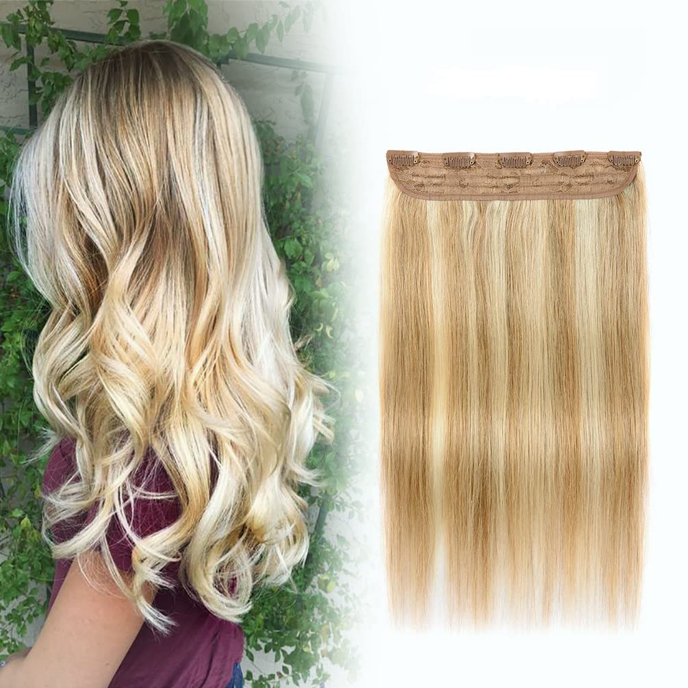 Winsky Hair Extensions Real Human Hair Clip in - One Piece Brown Highlights Blonde Remy Hair Pieces 70gram for Women (14inch, #18/613)