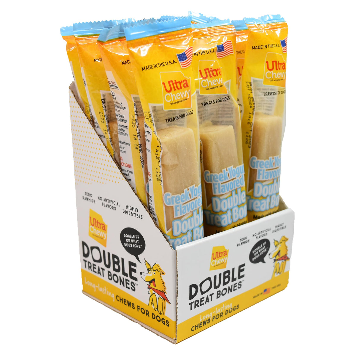 Ultra Chewy Double Treat Bones: Long-Lasting Dog Treats Made in USA for Large and Small Breeds, Highly Digestible, Ideal for Aggressive Chewers (Greek Yogurt, 12 Count)