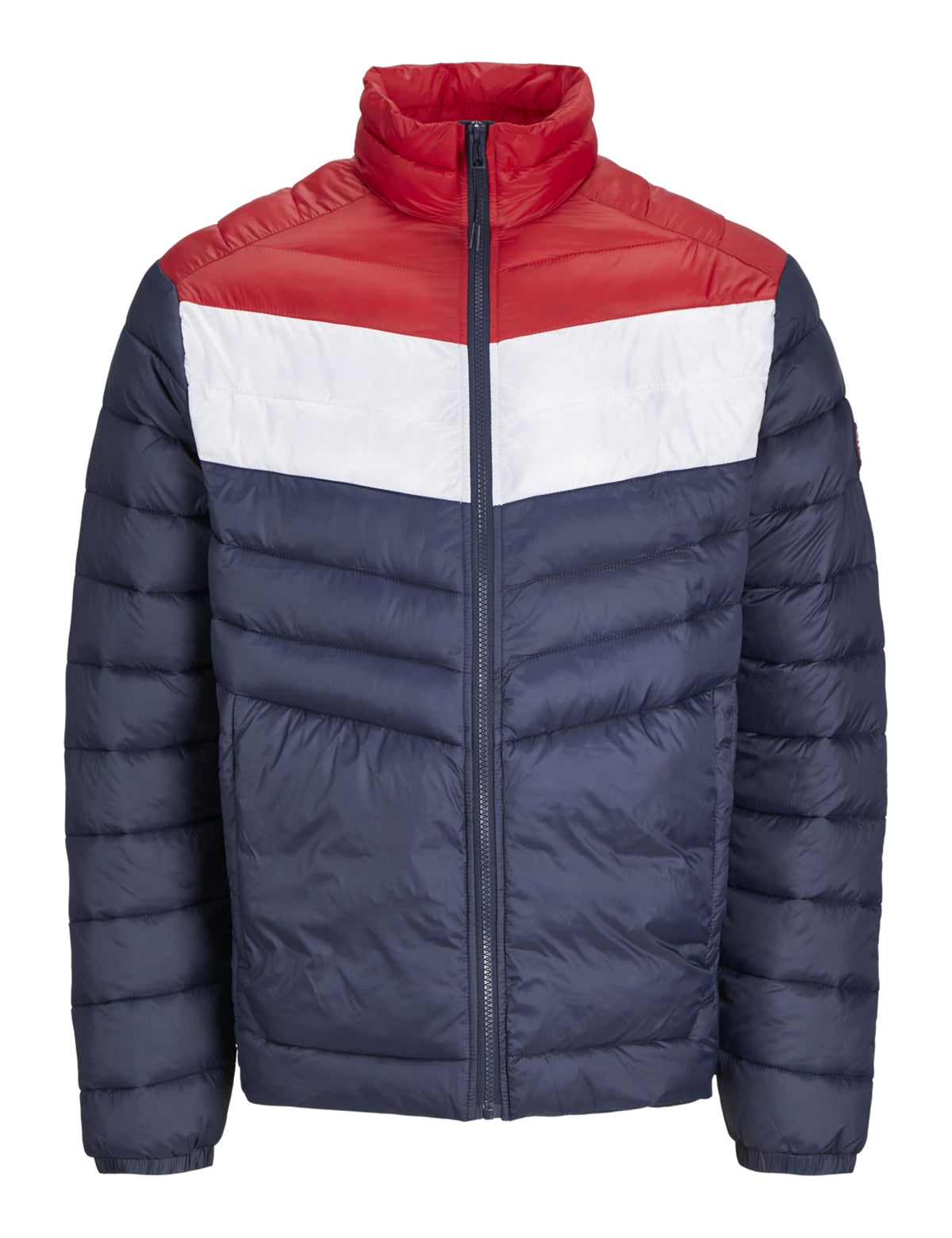 JACK & JONES Mens Quilted Jacket Windproof 100% Nylon Long Sleeve Outdoor Puffer Jacket for Men, Navy Red Colour, Size- XL