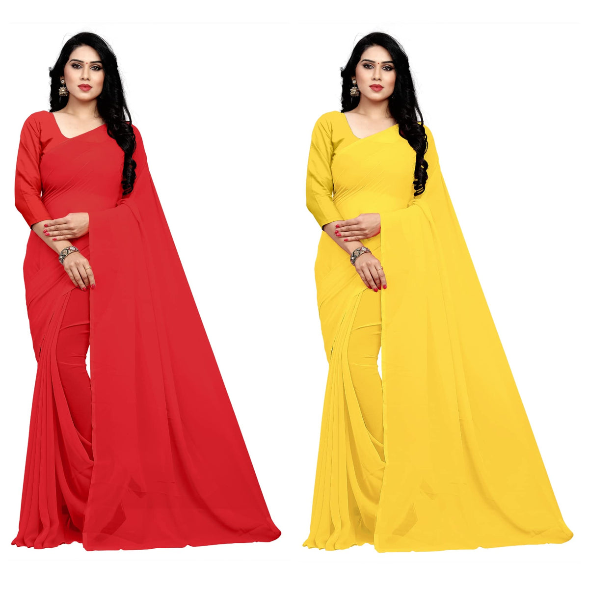 Sidhidata Women's Georgette Saree With Blouse Piece (Combo Plain Red-Lemon Yellow_Multicolored), Multicolour, Free Size, Multicolour, One Size