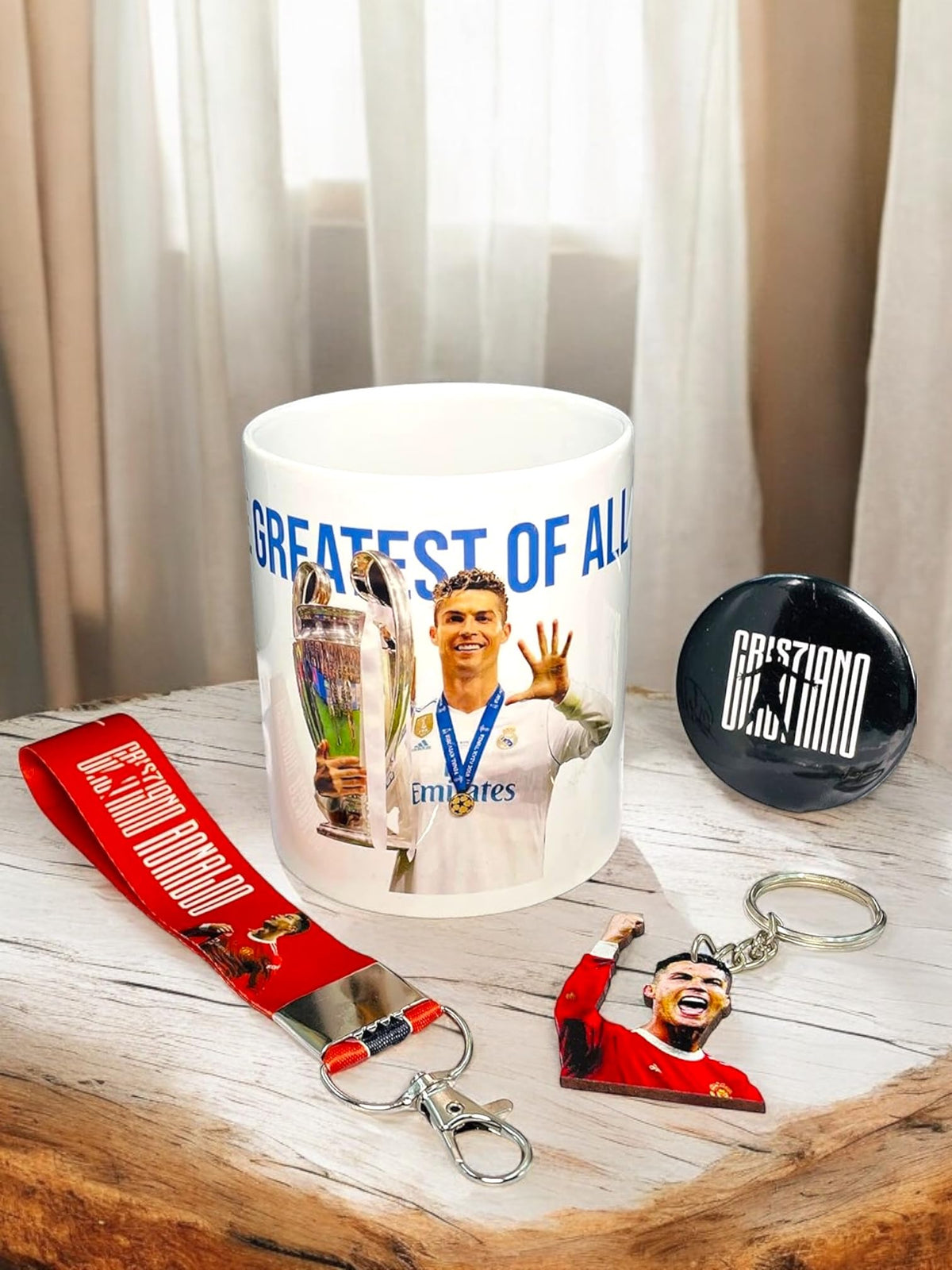 SINCE 7 STORE Cristiano Ronaldo Gift box for CR7 Fans, INCLUDES 4 products: 1 CR7 Mug, 1 Keychain, 1 Keychain Lanyard & 1 badge