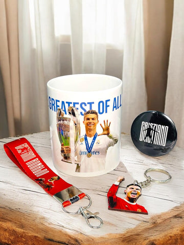 SINCE 7 STORE Cristiano Ronaldo Gift box for CR7 Fans, INCLUDES 4 products: 1 CR7 Mug, 1 Keychain, 1 Keychain Lanyard & 1 badge