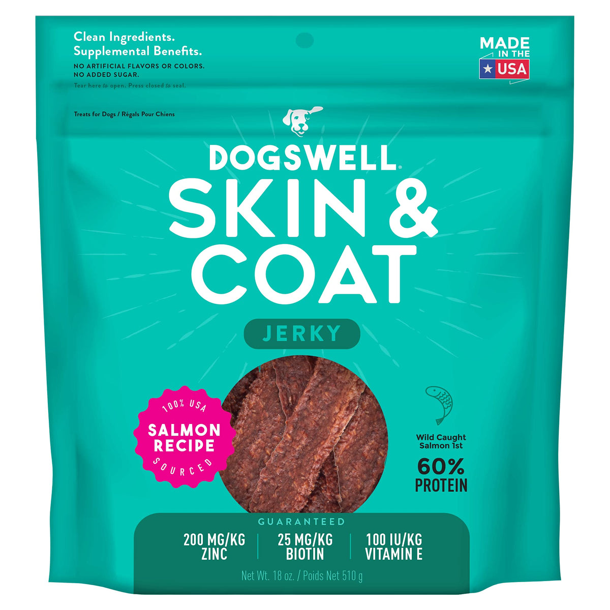 DOGSWELL Jerky Treats for Dogs, Skin and Coat Salmon Recipe 18 oz., 29235