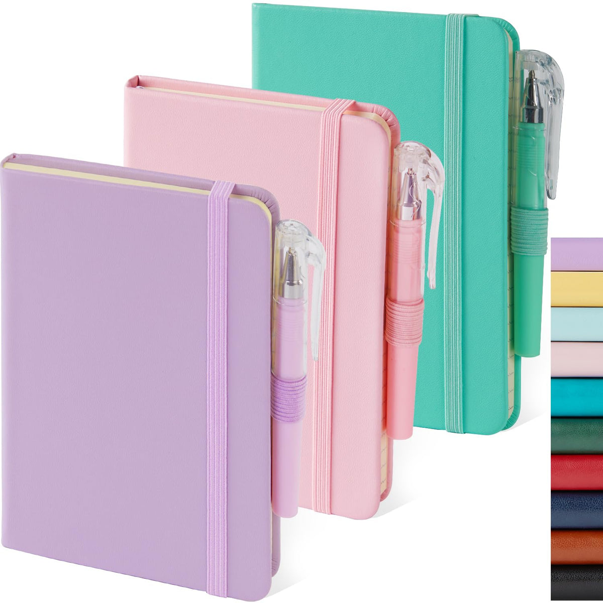 NIRMIRO 3 Pack Small Notebook Journal with Pen, A6 Mini Pocket Size Notepad Journal Notebook for Women/Men Work, Cute Note Book Note pads, 3.7" x 5.7", Leather, Pink, Purple, Green