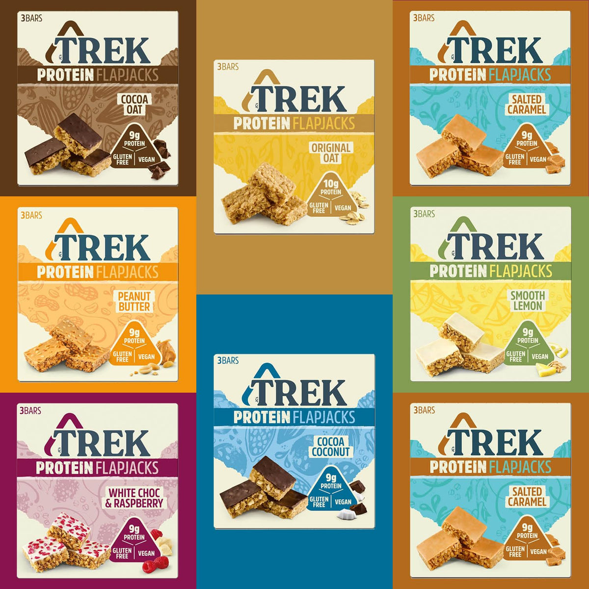 Trek Bars 24 x 50g - Trek Protein Flapjacks Variety Pack. These Trek Protein Bars are Gluten Free. Trek Bar, Protein Snacks, Protein Bar and Vegan Protein Bar.