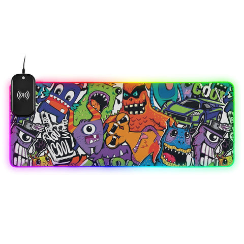 Cartoon Monsters Wireless Charging Mouse Pad for Mobile Phone Extra Large Gaming Mousepad with 13 Lighting Modes Keyboard Mat for Office Home Gaming MacBook PC Laptop Desk