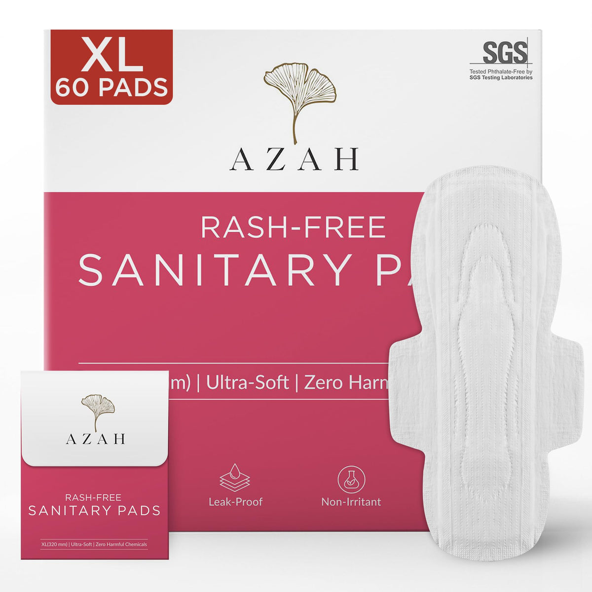 Azah Rash-Free Sanitary Pads for women | Organic Cotton Pads | All XL : Box of 60 Pads - with Disposable bags | MADE SAFE Certified