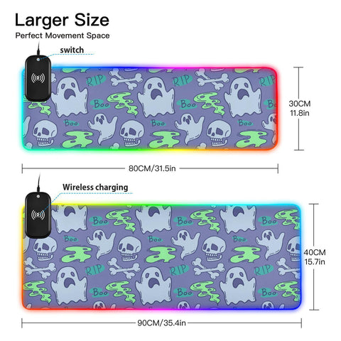 Halloween Skull Wireless Charging Mouse Pad for Mobile Phone Extra Large Gaming Mousepad with 13 Lighting Modes Mouse Mat for MacBook PC Laptop Desk Office Home Gaming