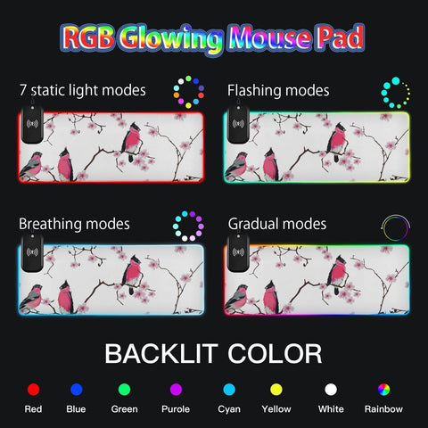 Branch Birds Blossom Wireless Charging Mouse Pad for Mobile Phone Extra Large Gaming Mousepad with 13 Lighting Modes Computer Mat for Gaming MacBook PC Laptop Desk Home Office