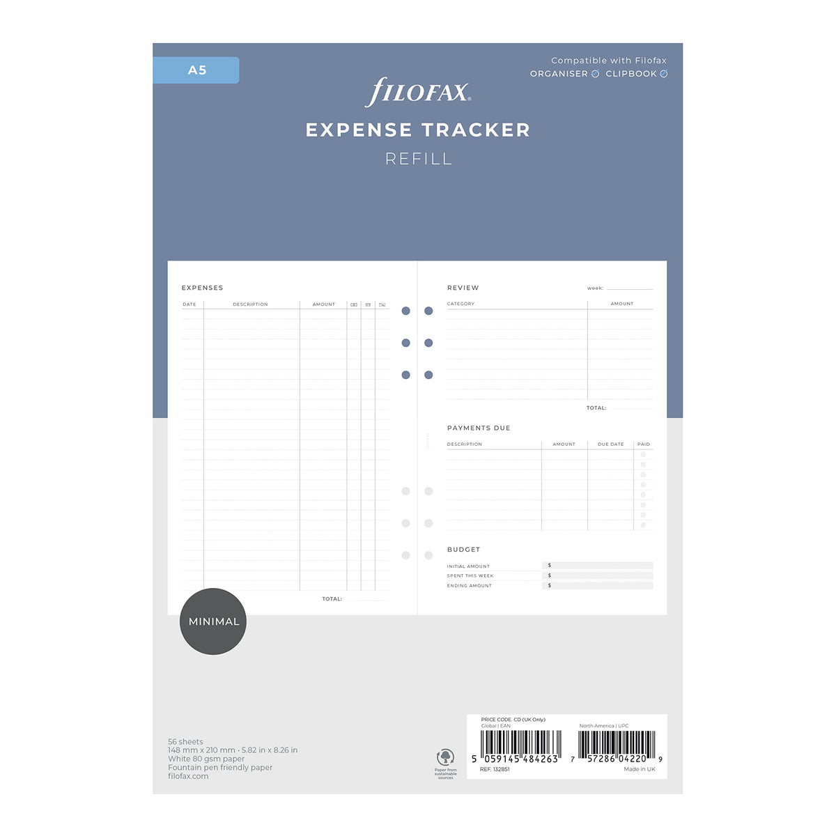 Filofax Lifestyle Refill, A5 Size, Organizer Refill, White Paper, Expense Tracker, 56 Sheets (B132851), 5.75 inches X 8.25 inches