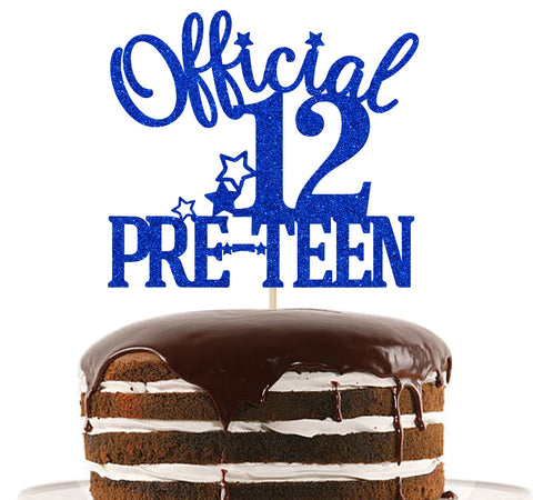 Official 12 Pre-Teen Cake Topper, Happy 12th Birthday Cake Decorations, Cheers to 12 Years Old Birthday Party Decoration Supply Blue Glitter