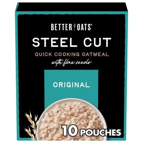 Better Oats Original Steel Cut Oatmeal Packets, Instant Oatmeal Packets with Steel Cut Oats and Flax Seeds, Quick Oatmeal Pouches Ready in 2.5 Minutes, Original Flavor, Pack of 6, 11.6 OZ Pack