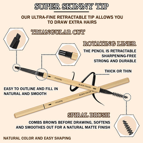 3 Pcs Waterproof Eyebrow Pencil Eyebrow Pen,Long Lasting Defines Eye Brow Pencil for Women,Dual-Sided FineTip Eyebrow Pencil Black