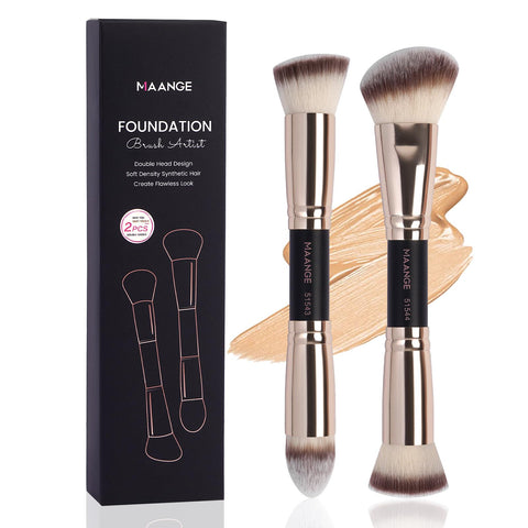 MAANGE Foundation Makeup Brushes, 2Pcs Premium Double-Ended Makeup Brush (Flat/Angled/Angled Round/Tapered Top) for Buffing Liquid, Cream, Powder, Blending Contour Face Brush(Black/Gold)