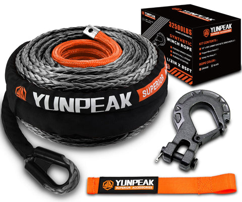 YUNPEAK Synthetic Winch Rope Kit, 1/2" x 85ft 32500LBS Black