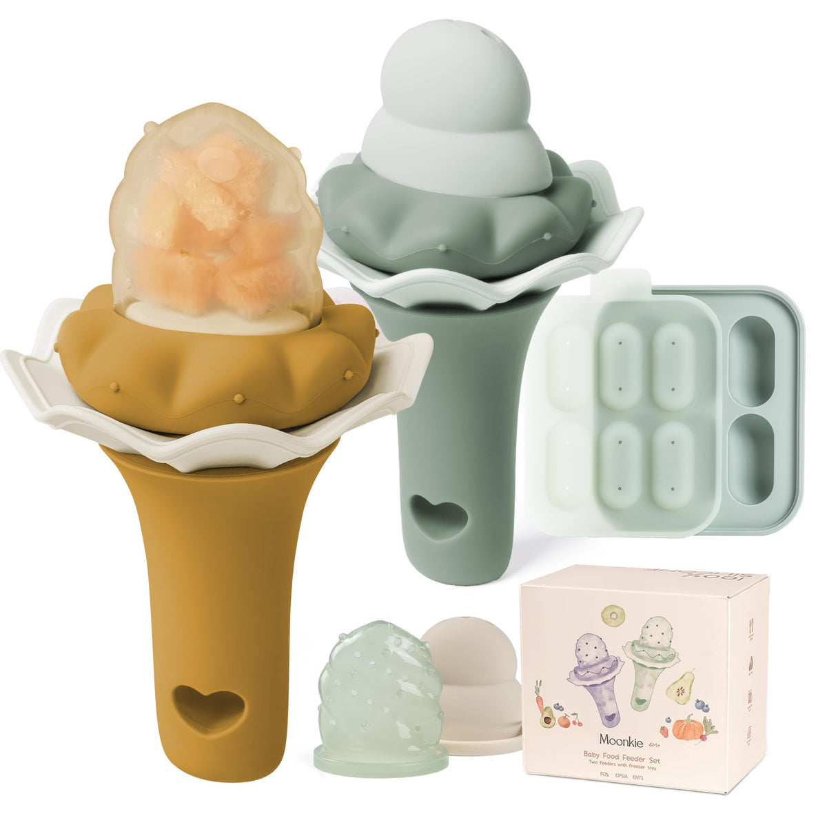 Moonkie Baby Fruit Feeder with Freezer Tray | BPA Free Silicone Baby Food Feeder with Two Sizes Pouches | Baby Shower Gifts | 4 Months+ Led Weaning, 2 Pack(Sage/Buck)