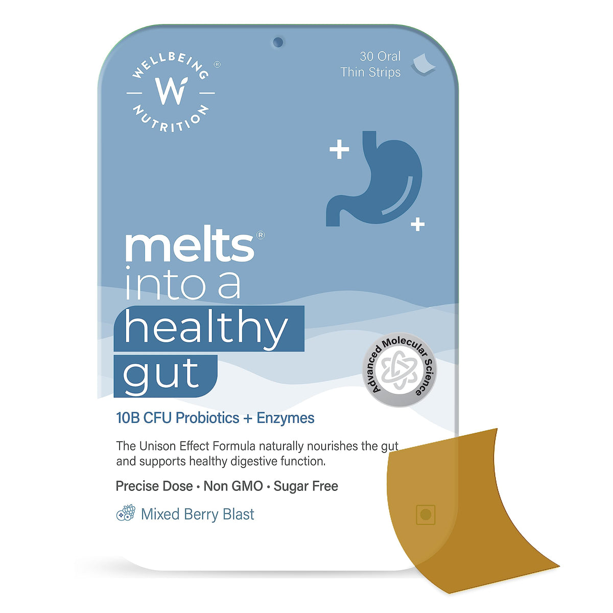 Wellbeing Nutrition Melts Healthy Gut |Plant Based Probiotic 10B CFU, Digestive Enzyme (Protease & Papain) with Organic Apple Cider Vinegar for Indigestion, Gas, Acidity and Bloating (30 Oral Strips)