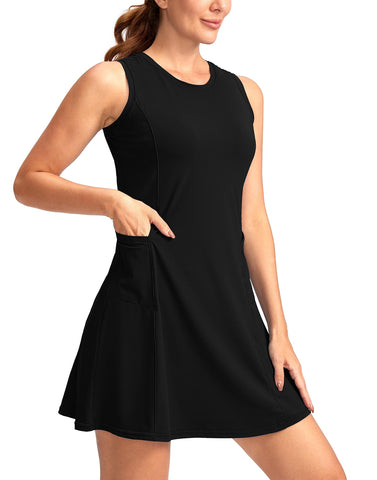 Soothfeel Women's Tennis Golf Dress with Built in Shorts Sleeveless Workout Active Athletic Dress for Women with 4 Pockets (Black, M)