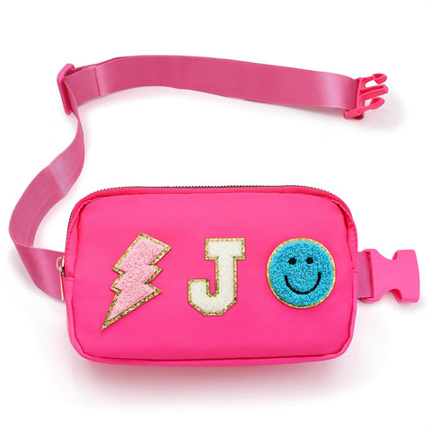 Fanny Pack for Girls Crossbody Bag, Preppy Nylon Kids Belt Bag for Birthday Christmas Graduation Personalized Gifts, Pink Chenille J Letter for Women Teen Girls Fanny Pack