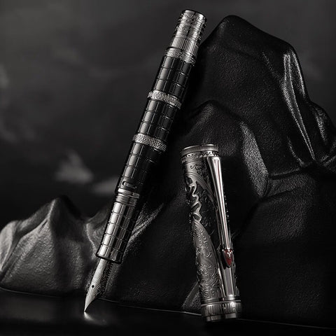 Hong Dian D5 Qin Dynasty Fountain Pen Silver Black Extra Fine Tip Piston Filler Pen Chinese Retro Totem Engraved Soft Writing Pen with Pen Box Set