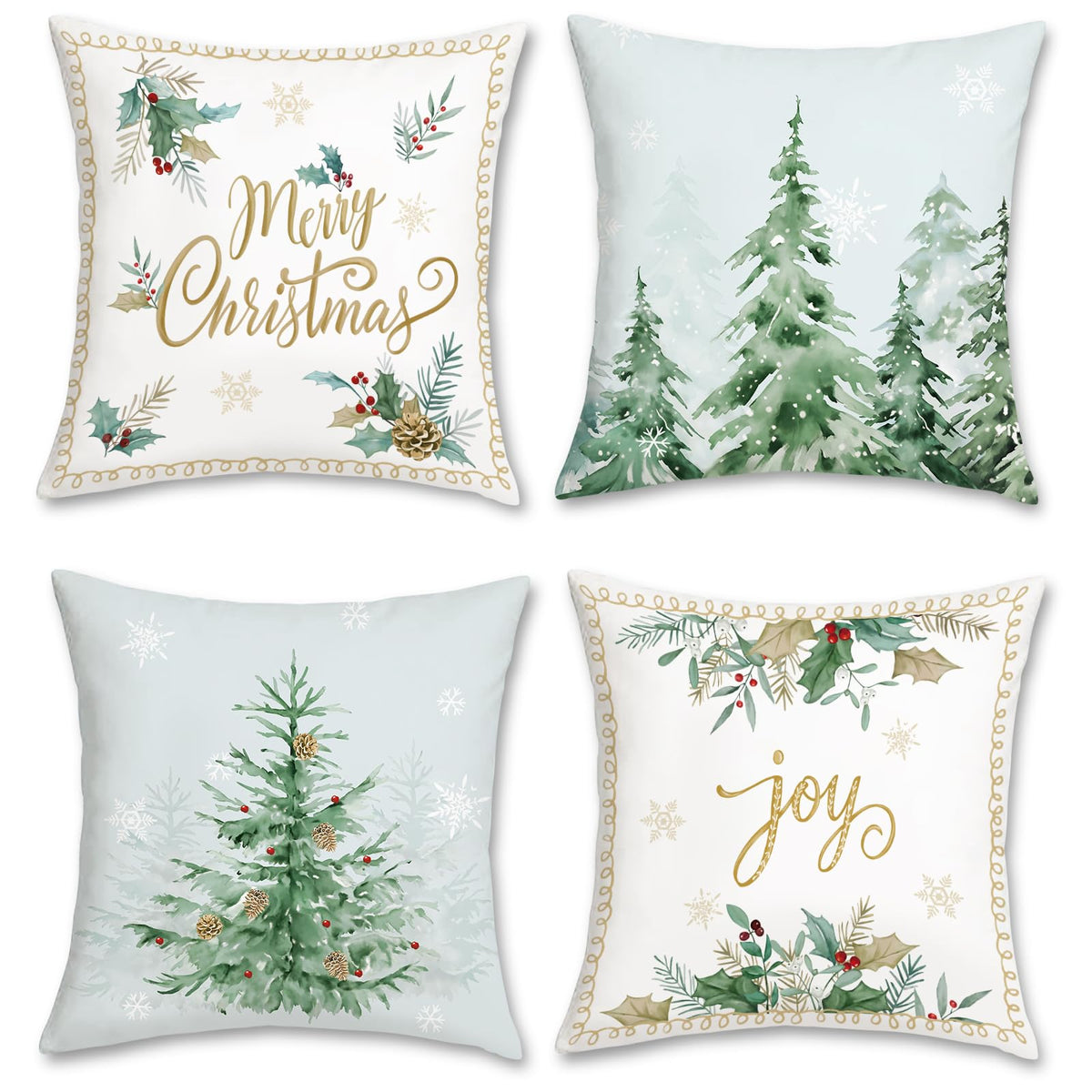 Bonhause Christmas Tree Pine Cushion Covers 45 x 45 cm Green Pine Tree Snowflake Joy Xmas Decorative Throw Pillow Covers Soft Velvet Pillowcases for Sofa Bed Home Holiday Decor Set of 4