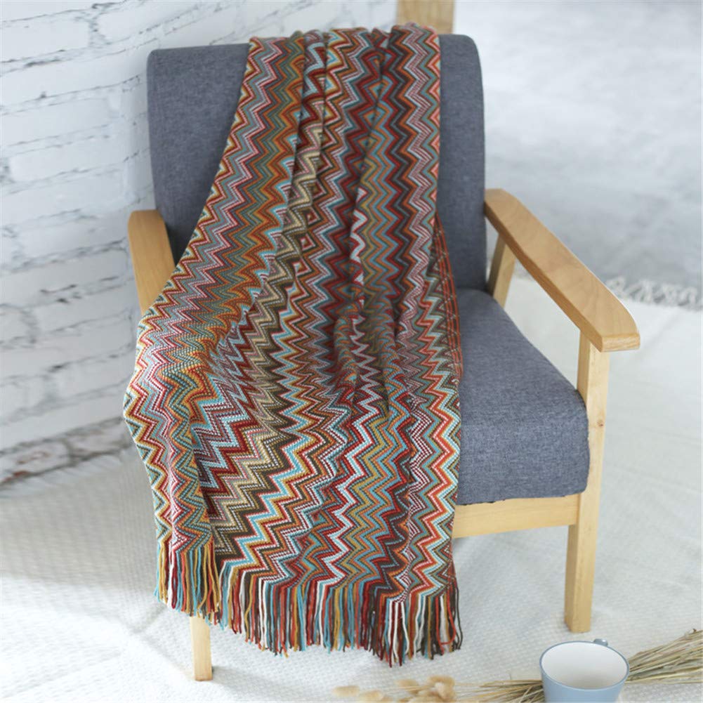 YFFS Sofa Blanket, Chenille Jacquard Tassel Throw Blanket, Hand Knitted Blanket, Bohemian Pattern Blanket, Colorful Pattern, Suitable for Lunch Break, Sofa (B,130 * 220cm)