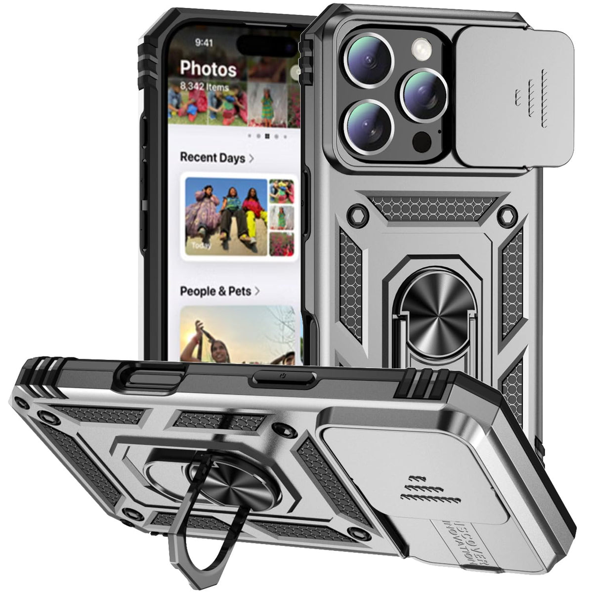 A-BEAUTY Compatible with iPhone 16 Pro Case, with Camera Cover Slider, Ring Stand Holder, Military Grade Shockproof Heavy Duty Phone Cover for iPhone 16 Pro 6.3 Inch, Silver