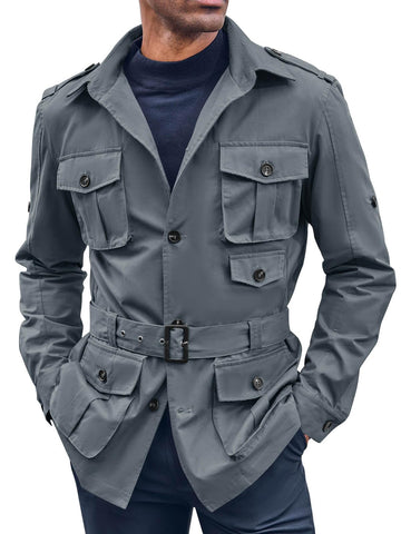 Runcati Mens Safari Jacket Military Utility Multi Pocket Casual Outdoor Fishing Cargo Outwear Coat with Belt
