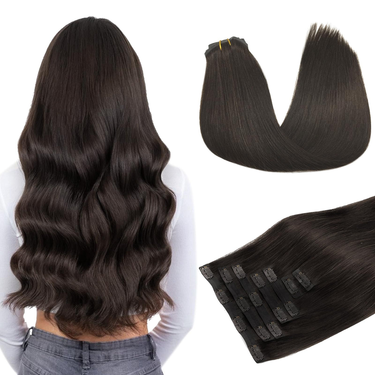 DOORES Invisible Edge Clip in Hair Extensions, Dark Brown 130g 7pcs 16 Inch, Clip in Human Hair Extensions, Virgin Hair Extensions for Women, Clip in Silky Straight Extensions