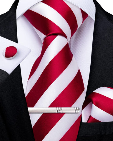 DiBanGu Mens White and Red Silk Tie Set Striped Necktie Pocket Square Cufflinks and Tie Clip Set for Business Wedding Party