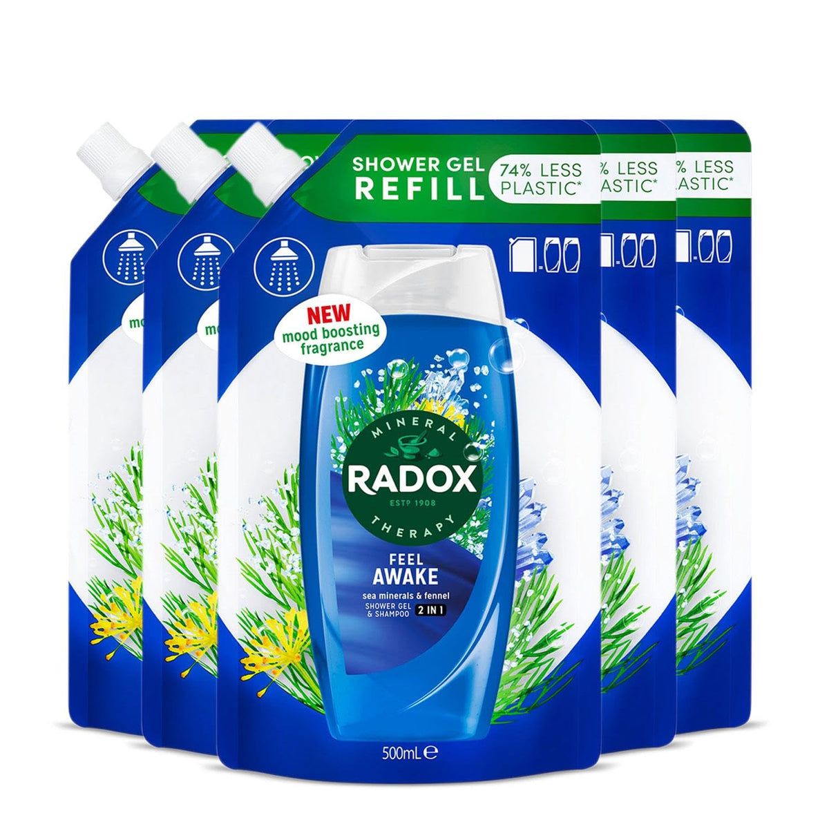 Radox Mineral Therapy 2-in-1 Shower Gel & Shampoo Refill Pouch Feel Awake with Nature Inspired Fragrance Body Wash Refill for Men and Women Blended with Sea Minerals & Fennel 500ml, 5 Pack