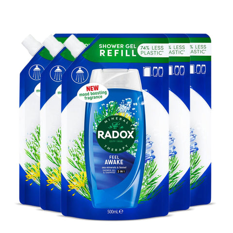 Radox Mineral Therapy 2-in-1 Shower Gel & Shampoo Refill Pouch Feel Awake with Nature Inspired Fragrance Body Wash Refill for Men and Women Blended with Sea Minerals & Fennel 500ml, 5 Pack
