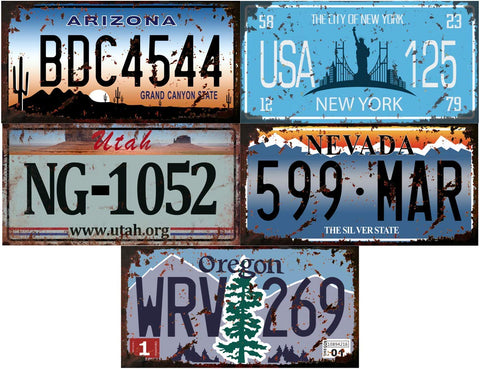 - Set of 5 USA car registration plates in metal, with aged effect - replicas of real American plates (Old1)