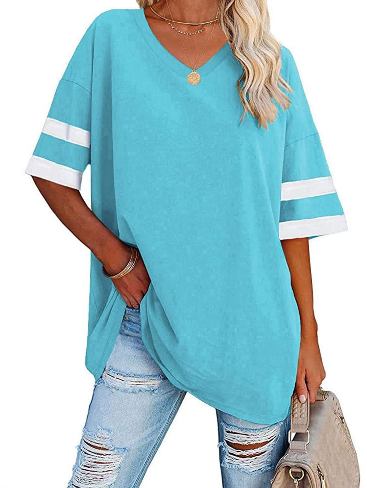 Famulily Short Sleeve Half Sleeve Tops for Women UK Soft Casual V Neck Oversized Baggy Tshirts Blue XXL