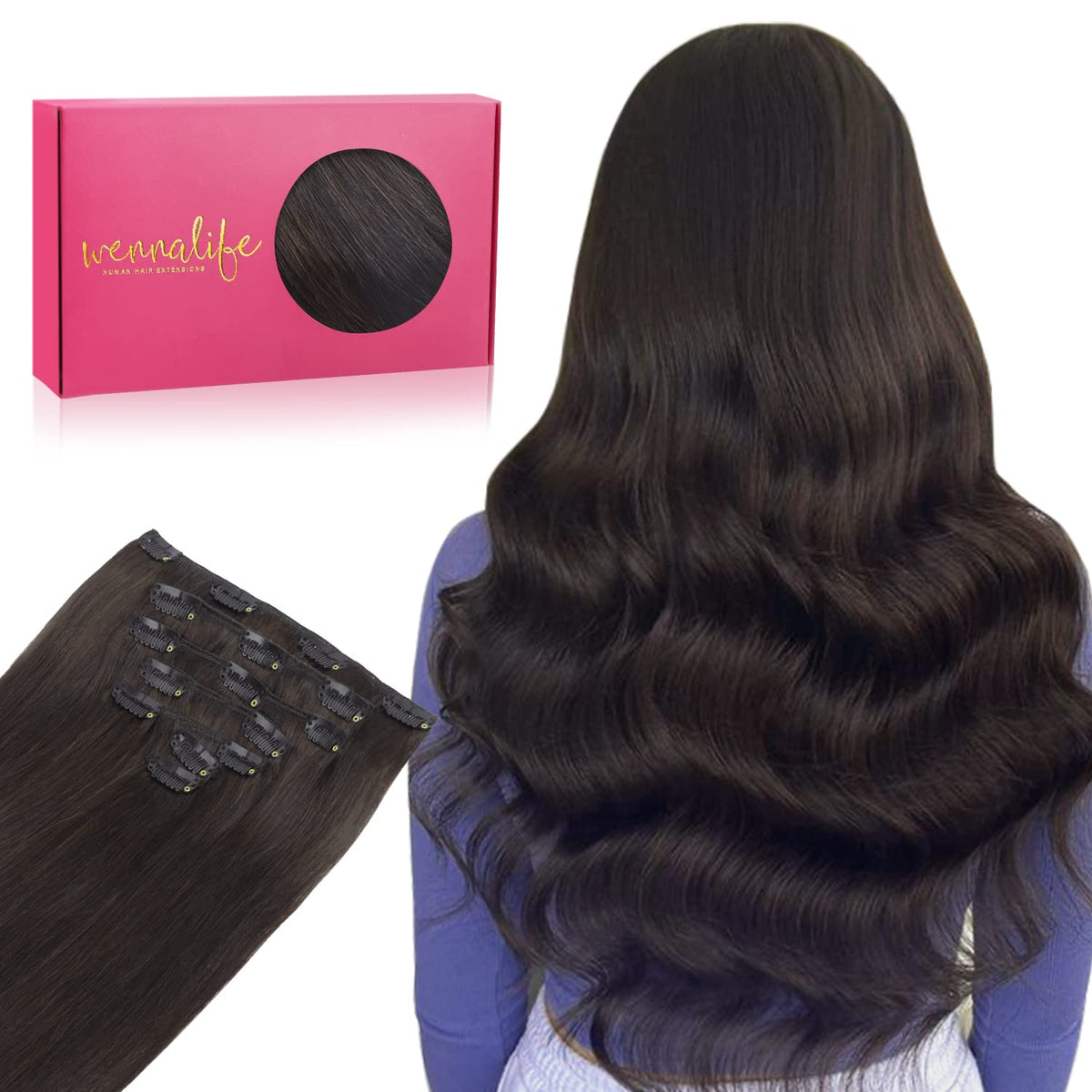WENNALIFE Clip in Hair Extensions, 70g 18 Inch Dark Brown Hair Extensions Real Human Hair Short Remy Clip in Hair Extensions Virgin Human Hair Double Weft for Women