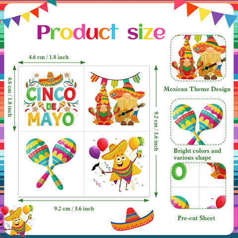 HOWAF 96 Pcs Mexican Cinco De Mayo Temporary Tattoos, 48 Styles Mexican Fiesta Party Supplies Tattoos for Birthday Cinco De Mayo Face Body Waterproof Tattoos Stickers for Mexican Party Decorations