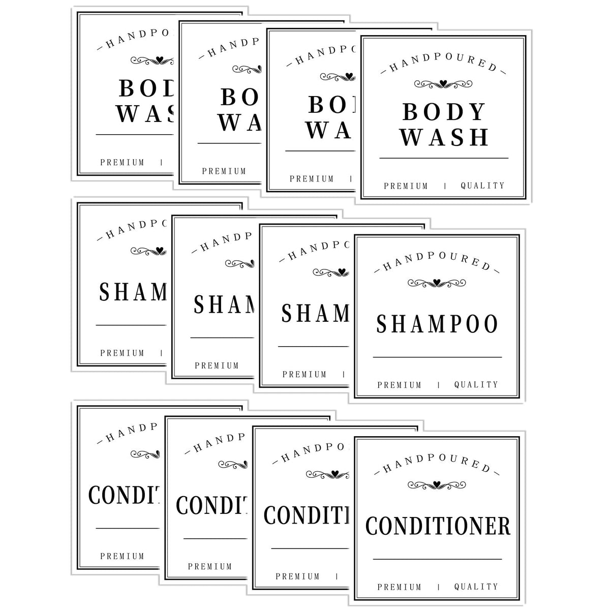 KSIWRE 12 PCS Waterproof Soap Labels for Bottles, Hand Soap Shampoo Conditioner Soap Dispenser Label Stickers, Removable Cleaning Bathroom Labels for Glass or Plastic Bottles (White)