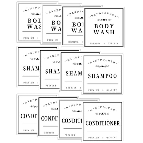 KSIWRE 12 PCS Waterproof Soap Labels for Bottles, Hand Soap Shampoo Conditioner Soap Dispenser Label Stickers, Removable Cleaning Bathroom Labels for Glass or Plastic Bottles (White)