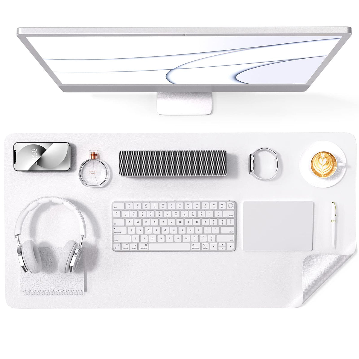Crenovo Non Slip Desk Mat, 31.5" x 15.7" PU Leather Desk Protector, Waterproof Large Mouse Pad, Dual Side Desk Mat for Desktop, Desk Pad for Keyboard and Mouse, Office and Home, White x Silver