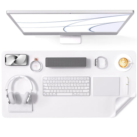 Crenovo Non Slip Desk Mat, 31.5" x 15.7" PU Leather Desk Protector, Waterproof Large Mouse Pad, Dual Side Desk Mat for Desktop, Desk Pad for Keyboard and Mouse, Office and Home, White x Silver