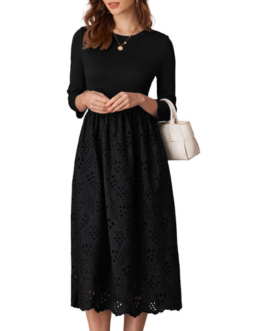 GRACE KARIN Casual Dresses for Women UK Summer Maxi Boho Beach Dress Long Sleeve Round Neck Flared Dress for Ladies Evening Dress M Black Size 14