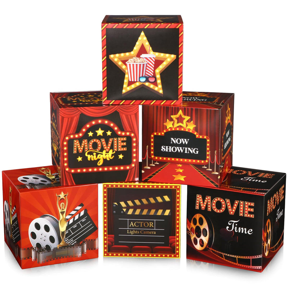 Kolldenn 6 Pcs Large Movie Night Party Decorations Boxes, 12 Inch Movie Night Cardboard Box Backdrop Movie Theme Party Decor Props Boxes for Movie Birthday Party Decorations Centerpieces