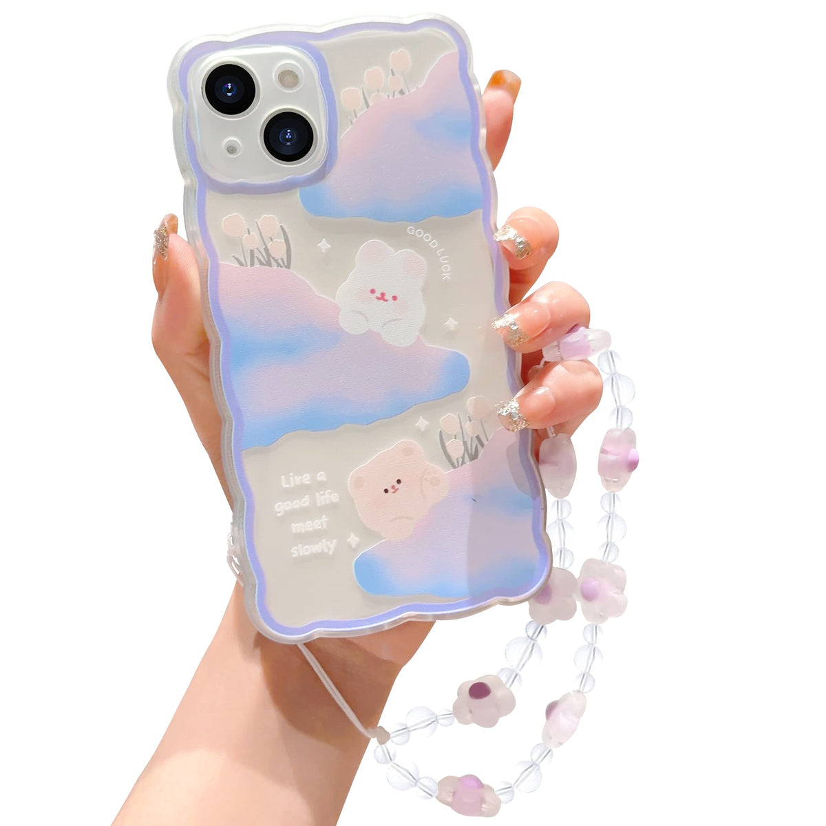 ZSYTZL Compatible with iPhone 13 Case Cute Cartoon Cloud Little Bear Rabbit with Cute Chain Design for Women Girls Aesthetic Kawaii Slim Soft TPU Transparent Case for iPhone 13-Cloud